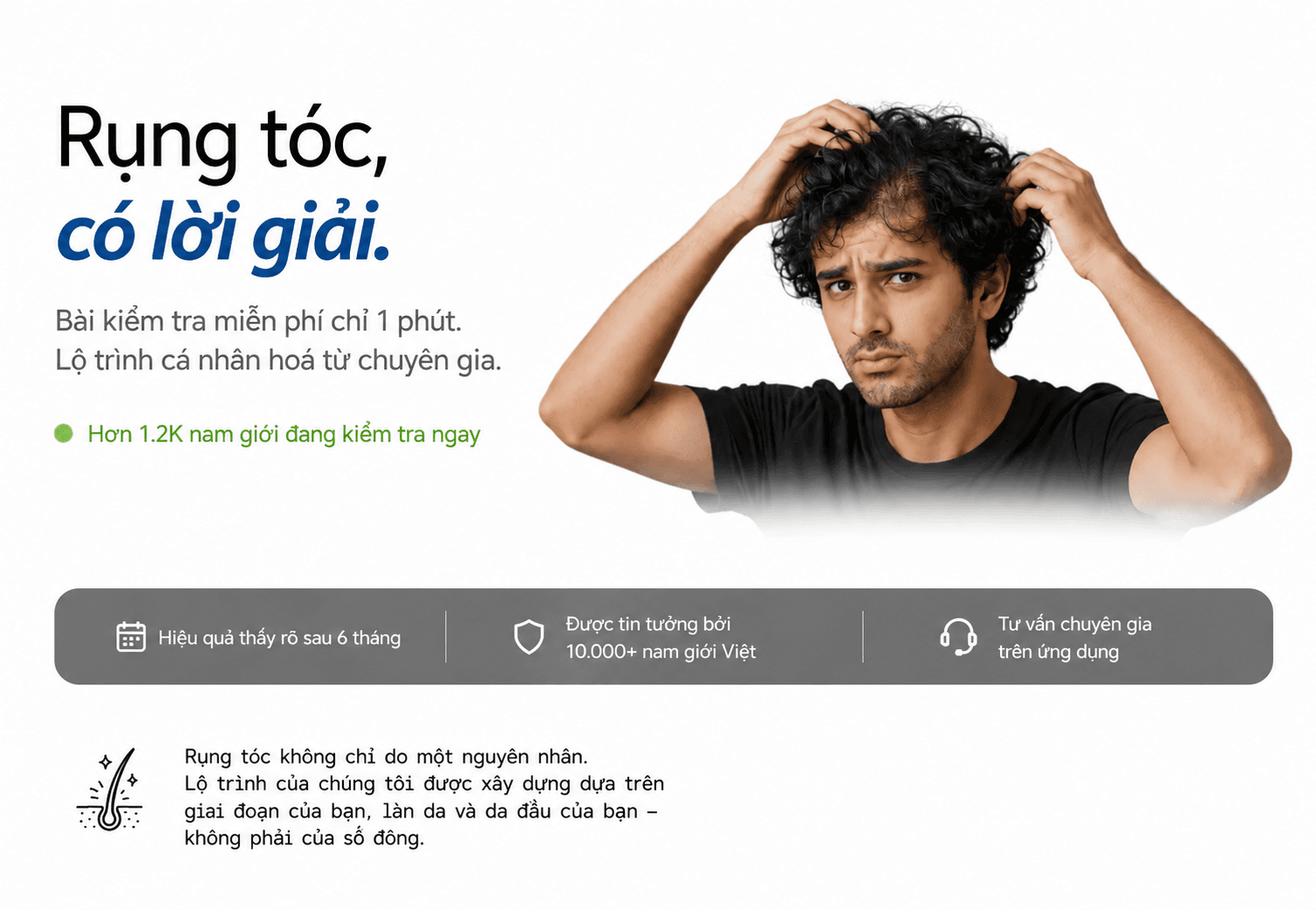 Rụng tóc, có lời giải — bài kiểm tra tóc miễn phí chỉ 1 phút, lộ trình cá nhân hóa từ chuyên gia